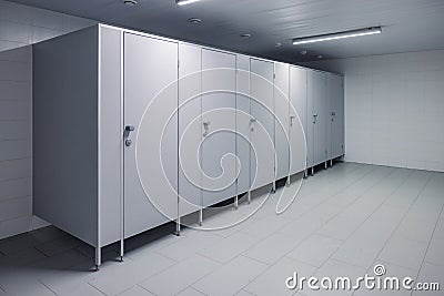 Closed cubicle doors in a public restroom. Public toilet cubicles. Clean toilet, view from inside the room Stock Photo