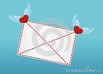 Closed envelope dragged hearts with wings. Valentine`s Day Cartoon Illustration