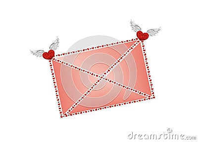 Closed envelope dragged hearts with wings. Valentine`s Day. Cartoon Illustration