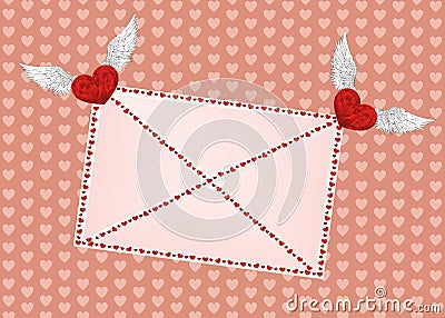 Closed envelope dragged hearts with wings. Valentine`s Day. Cartoon Illustration