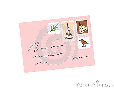 Closed envelope with post stamps and handwritten letter. Paper mail. Abstract correspondence. Colored flat vector Vector Illustration