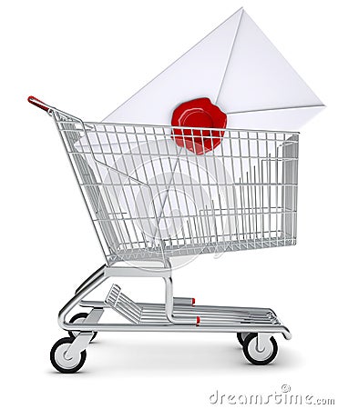 Closed envelope in shopping cart Stock Photo