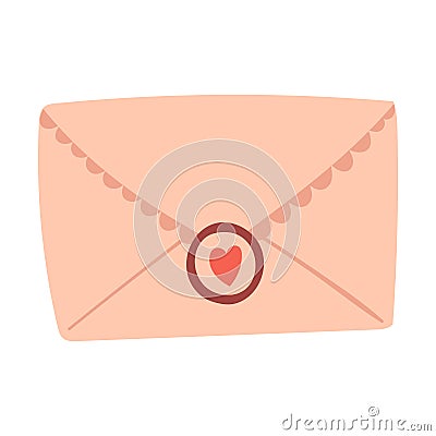 A closed envelope with a stamp and a heart. A valentine, a love message. Decorative element for Valentine's day Vector Illustration