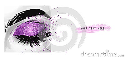 Closed eye with purple glitter eyeshadow. Fashion poster for beauty salon Vector Illustration