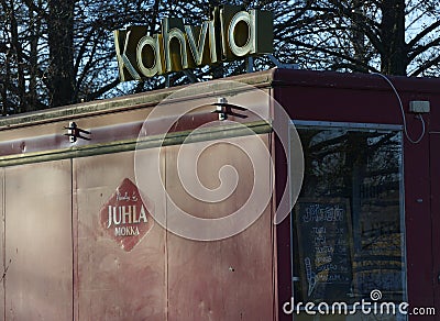 Closed in the fall for the winter kiosk selling ice cream and coffee in Finland Editorial Stock Photo