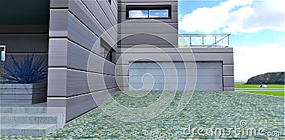Closed garage inside a country house with an aluminum facade. Paving stones made of natural granite before leaving. 3d rendering Stock Photo