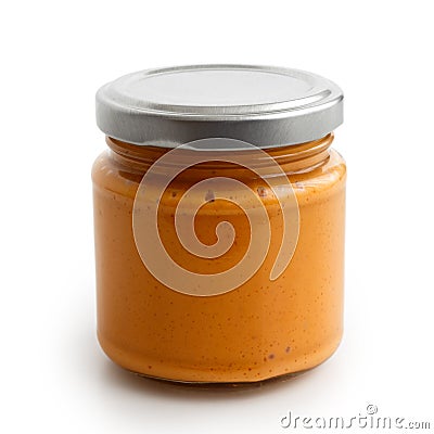 Closed glass jar of tomato and red chilli pepper salsa. Stock Photo