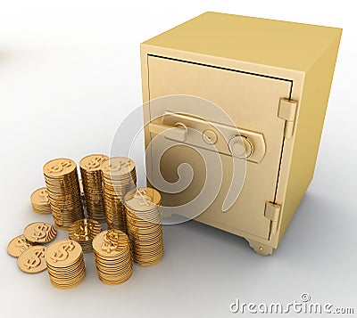 Closed gold safe with dollars Stock Photo