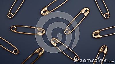 Closed golden sewing safety pins on dark blue background. 3D rendering. Stock Photo