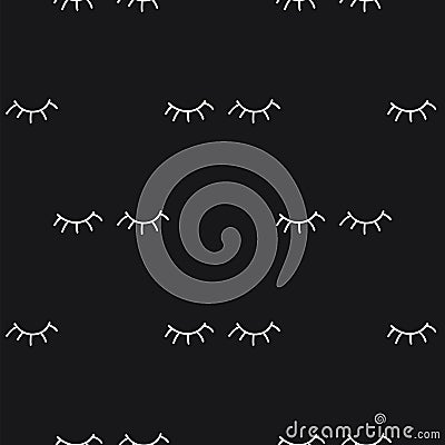 Closed human eyes with eyelashes during night sleep on black background. Seamless pattern background dreaming eyes. Vector Illustration