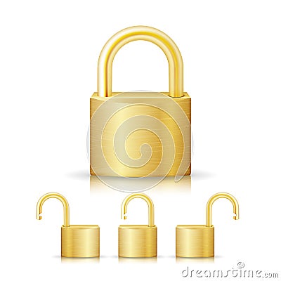 Closed Lock Security Gold Set Icon Isolated On White. Realistic Protection Privacy Sign Vector Illustration