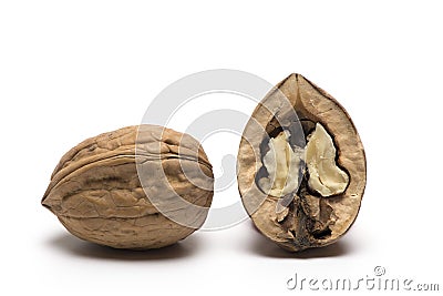 closed next open walnut on white background Stock Photo