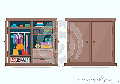 Closed and open cloths wardrobe. Vector Illustration