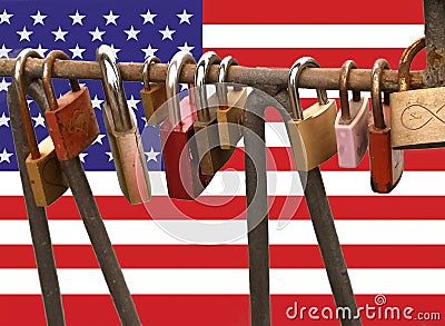 Closed padlocks with American flag background Stock Photo
