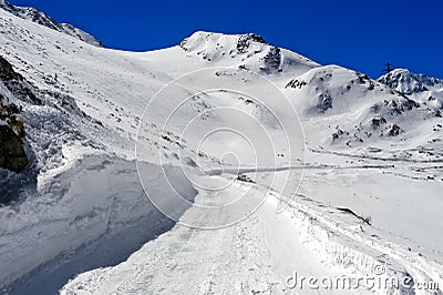 Closed pass road in winter, Great St Bernard Pass, Switzerland Stock Photo