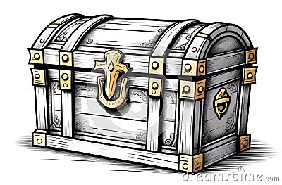 closed piratic treasure chest on white background, vintage engraving black and white illustration Cartoon Illustration