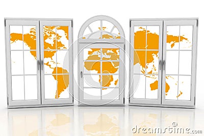 Closed plastic windows wiht map of world on white background. Stock Photo