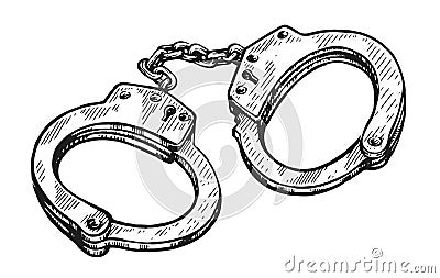 Closed prison handcuffs hand drawn sketch. Metal shackles, police arrest, justice concept. Vector illustration isolated Vector Illustration