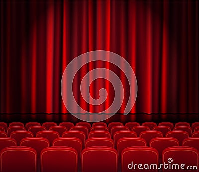 Closed Red Curtains with Seats in a theater or ceremony. Realistic Theater hall, Opera or Cinema Scene for your design Vector Illustration