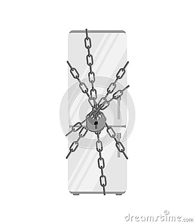 Closed refrigerator chain. Large padlock. Stop food eating Vector Illustration