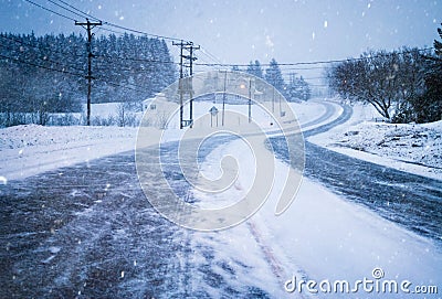 Closed Road because of Bad Weather and Visibility during Winter Editorial Stock Photo