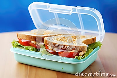 a closed sandwich in a blue lunchbox Stock Photo