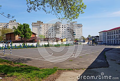 Closed school. Empty school yard at spring season. Stock Photo