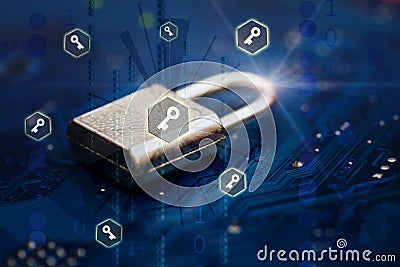 Closed security lock on digital technology background. Business, Cyber Security, unauthorized access, web technology, internet and Stock Photo