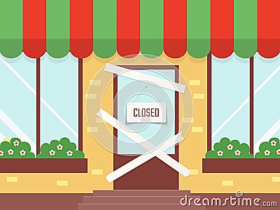 Closed shop or restaurant. Cartoon locked store door. Building facade with taped doorway. Blank white ribbon. Porch with Cartoon Illustration