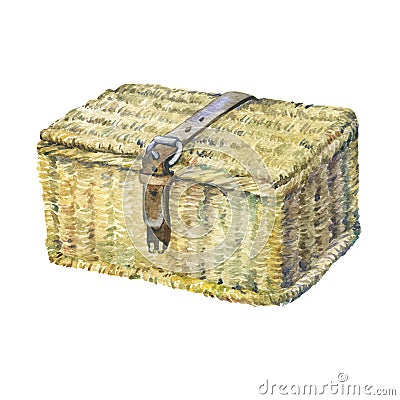 Closed suitcase with leather strap, wattled from reeds, dry water hyacinth. Stock Photo