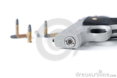 Closed up of automatic gun barrel and bullet isolated Stock Photo