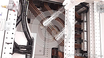 Closed up copper busbar install inside main distribution panel Stock Photo