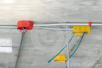 Closed up electtrical conduit installation with cable pulling Stock Photo