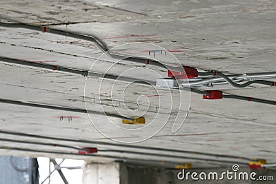 Closed up electtrical conduit installation with cable pulling Stock Photo