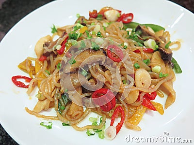 Closed up fried konjac with mushroom Stock Photo