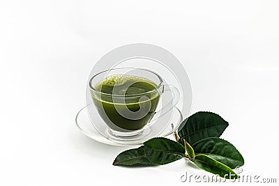 Closed Up, Isolate Hot fresh Green Tea in through sight glass and dishware. Place with freshness Green Tea leaves on white backgro Stock Photo