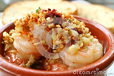 Closed-up of Mouthwatering Spanish Style Garlic Shrimp or Gambas al Ajillo Stock Photo