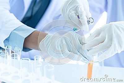 Closed up Scientists hands while doing biochemical research in laboratory Stock Photo