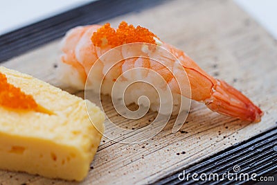 Closed-Up Shrimp Sushi Topping with Ebiko. Stock Photo
