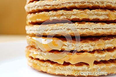 Closed Up Stack of Mouthwatering Stroopwafel or Caramel Filled Traditional Dutch Waffle Stock Photo