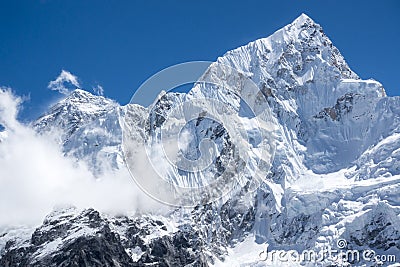 Closed up view of Everest and Lhotse peak from Gorak Shep. During the way to Everest base camp. Stock Photo