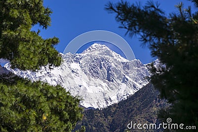 Closed up view of Everest peak from Namche area. During the way to Everest base camp. Stock Photo