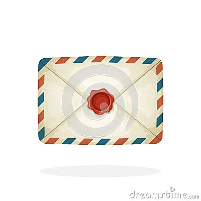 Closed vintage mail envelope with red wax seal Vector Illustration