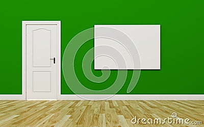 Closed White Door on Green Wall , One blank poster , Wood Floor Stock Photo