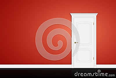 Closed white door on red wall. Vector Vector Illustration