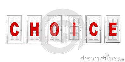 Closed white doors with red text. choice concept Stock Photo