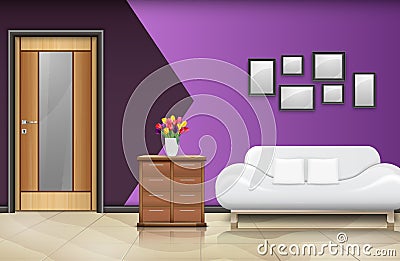Closed wood door with white sofa and pillows on purple wall Vector Illustration