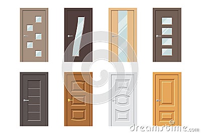 Closed wooden door for home office interior design set Vector Illustration