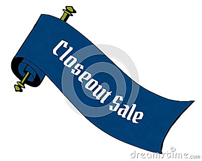 CLOSEOUT SALE on blue paper scroll cartoon. Stock Photo