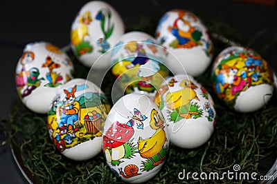 Closer view on an easter egg with mushroom and duch Stock Photo